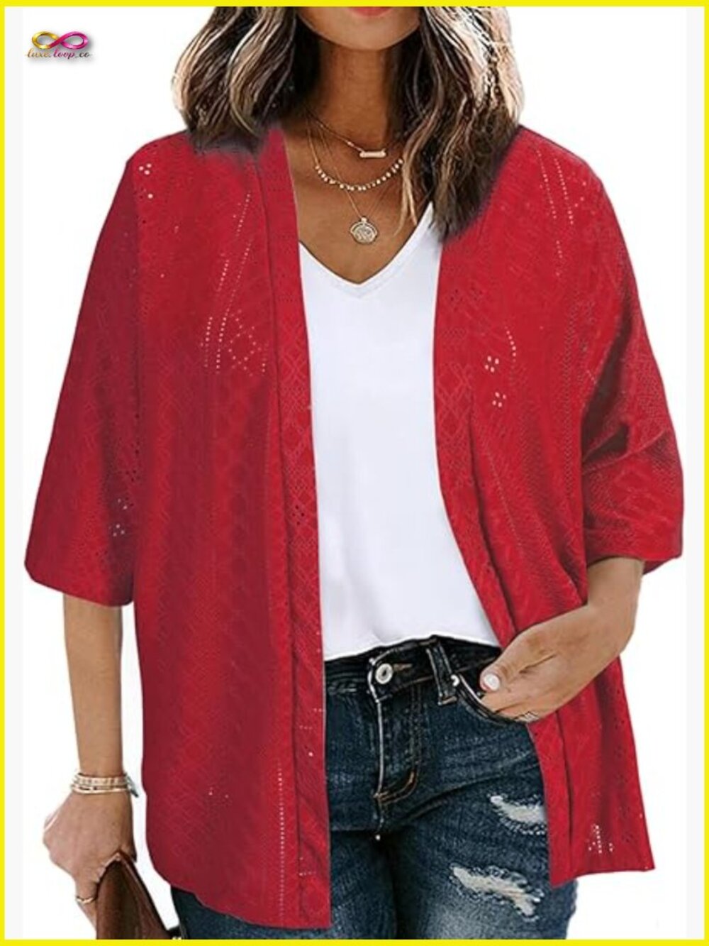 Plus Size Half Sleeve Knit Jacquard Cardigan Open Front Summer Cover Up